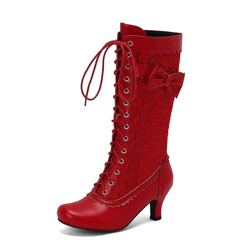 red Women's floral embroidery lace-up Victorian boots with bow 