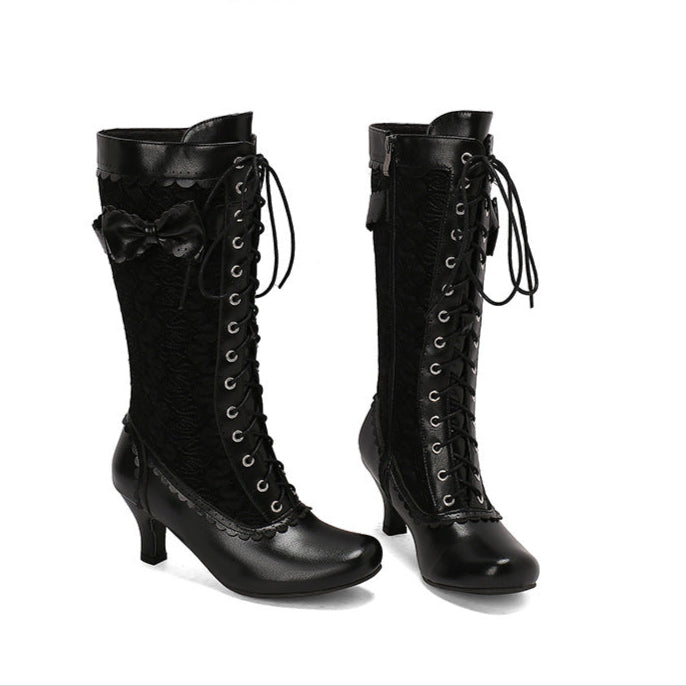 black Women's floral embroidery lace-up Victorian boots with bow 