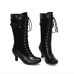 black Women's floral embroidery lace-up Victorian boots with bow 