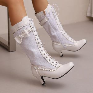 white Women's floral embroidery lace-up Victorian boots with bow 