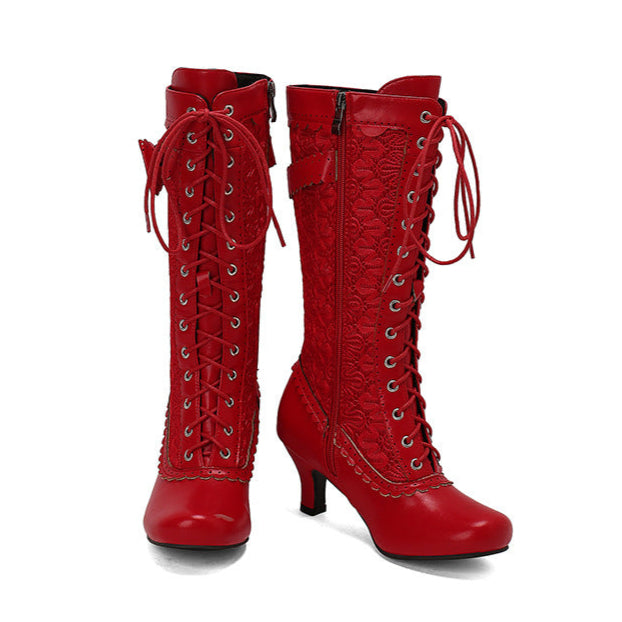 red Women's floral embroidery lace-up Victorian boots with bow 