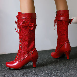 Women's floral embroidery lace-up Victorian boots with bow