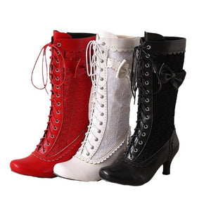 Women's floral embroidery lace-up Victorian boots with bow