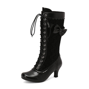 Women's floral embroidery lace-up Victorian boots with bow
