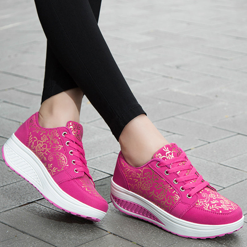 pink Women's foral print platform wedge sneakers high-top shoes