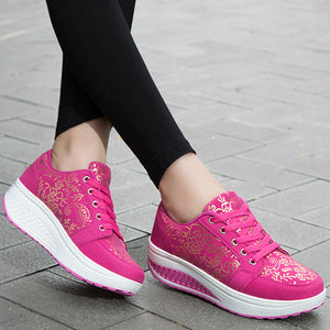pink Women's foral print platform wedge sneakers high-top shoes