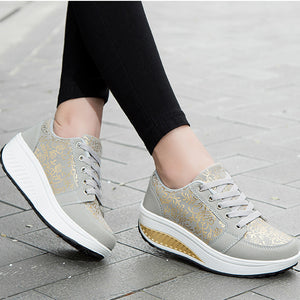 gray Women's foral print platform wedge sneakers high-top shoes