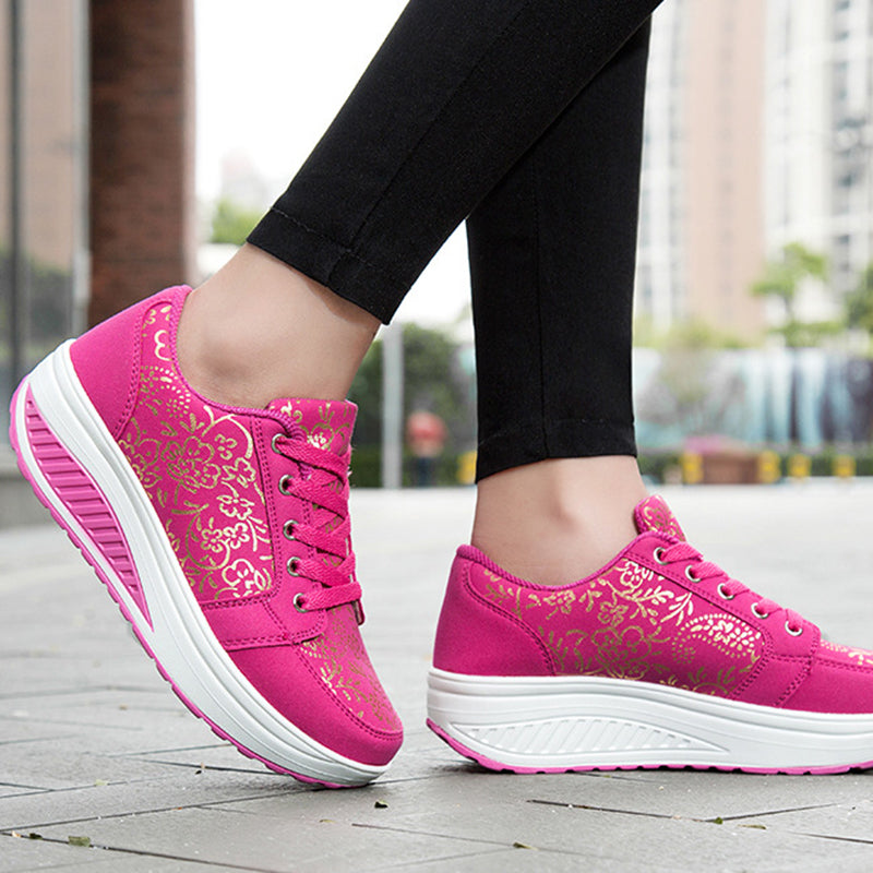 pink Women's foral print platform wedge sneakers high-top shoes