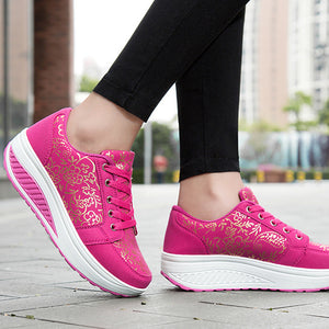 pink Women's foral print platform wedge sneakers high-top shoes