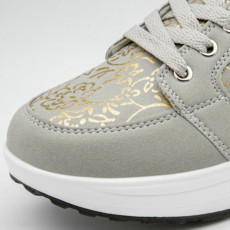 gray Women's foral print platform wedge sneakers high-top shoes
