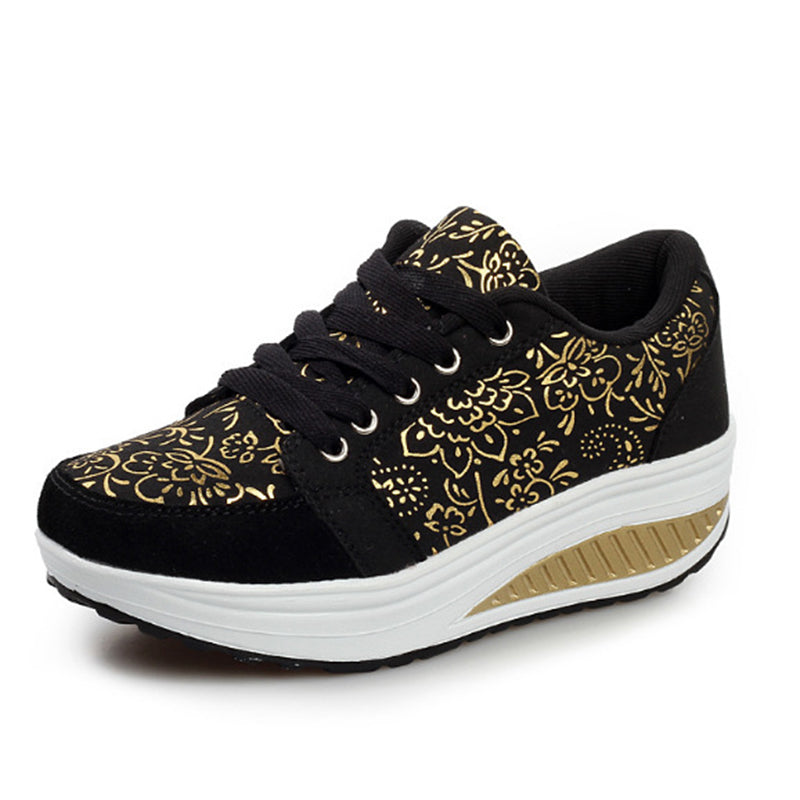 black Women's foral print platform wedge sneakers high-top shoes