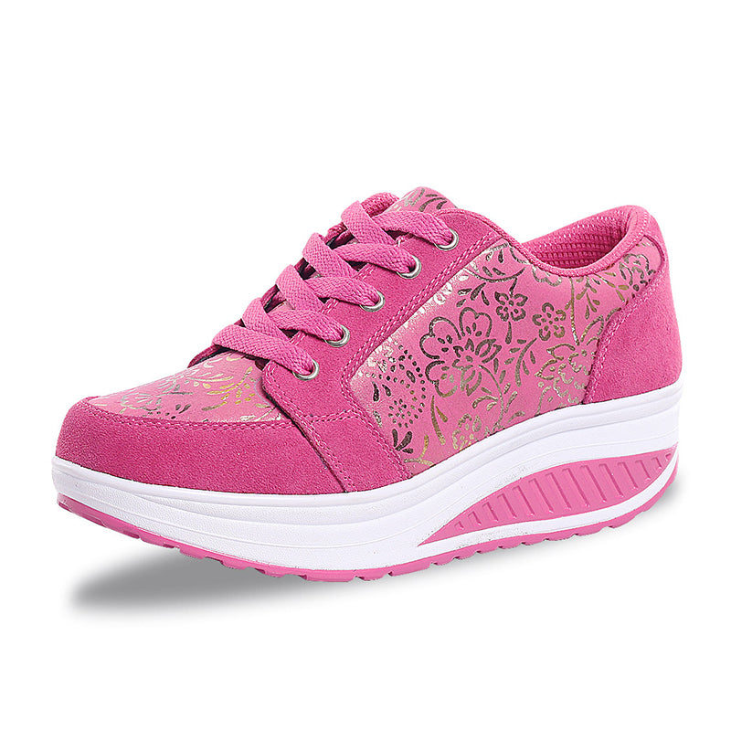 pink Women's foral print platform wedge sneakers high-top shoes