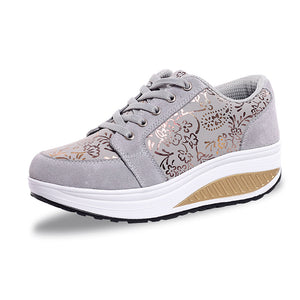 gray Women's foral print platform wedge sneakers high-top shoes