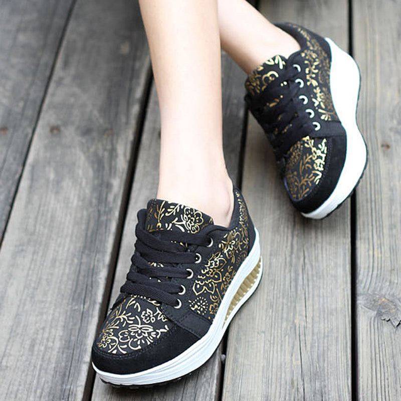 black Women's foral print platform wedge sneakers high-top shoes