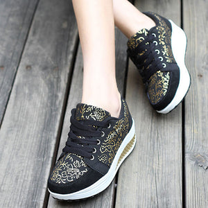 black Women's foral print platform wedge sneakers high-top shoes
