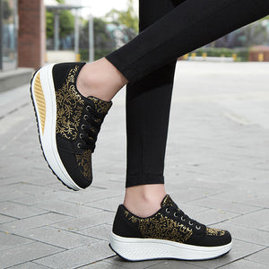 black Women's foral print platform wedge sneakers high-top shoes