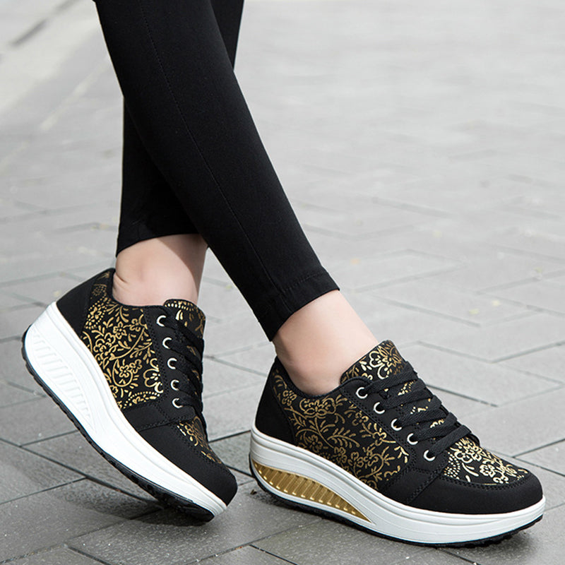 black Women's foral print platform wedge sneakers high-top shoes