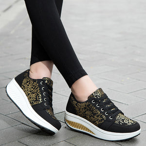 black Women's foral print platform wedge sneakers high-top shoes