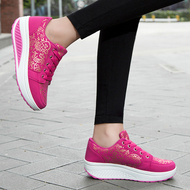 pink Women's foral print platform wedge sneakers high-top shoes