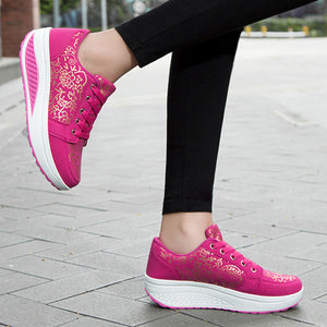 pink Women's foral print platform wedge sneakers high-top shoes