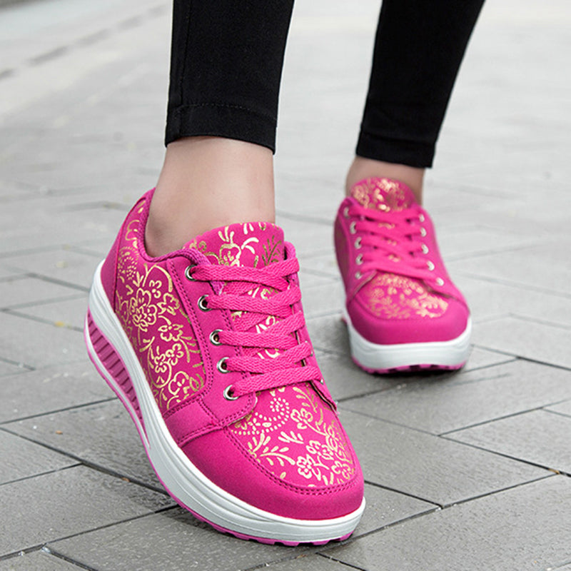 pink Women's foral print platform wedge sneakers high-top shoes