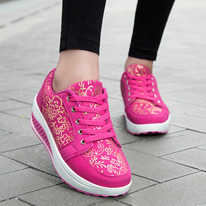 pink Women's foral print platform wedge sneakers high-top shoes