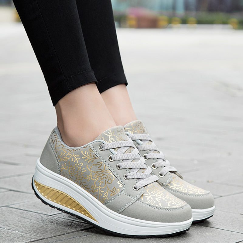 gray Women's foral print platform wedge sneakers high-top shoes
