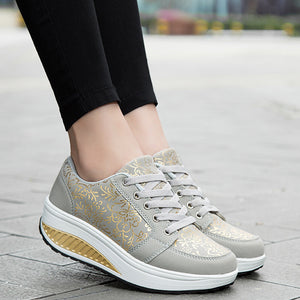 gray Women's foral print platform wedge sneakers high-top shoes