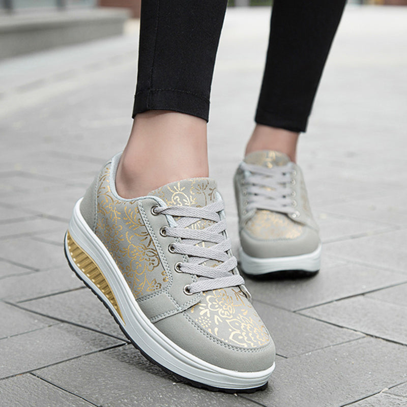 gray Women's foral print platform wedge sneakers high-top shoes