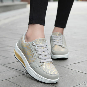 gray Women's foral print platform wedge sneakers high-top shoes