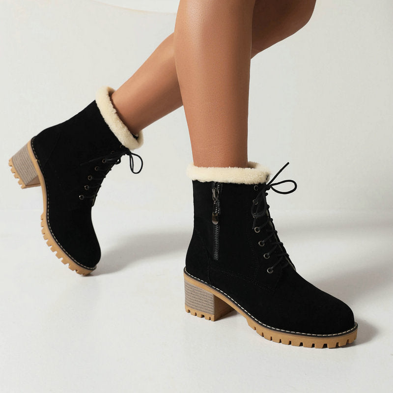 black Women's fur lined lace-up snow boots