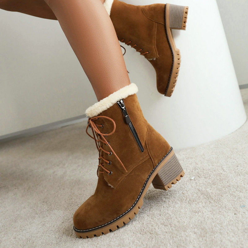 brown Women's fur lined lace-up snow boots