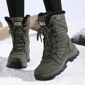 army green Women's fur lining thick platform lace-up mid calf snow boots