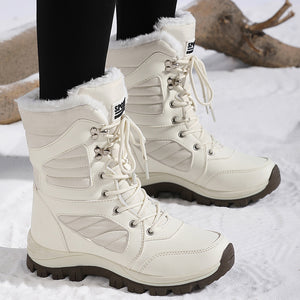 white Women's fur lining thick platform lace-up mid calf snow boots