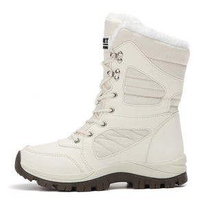 white Women's fur lining thick platform lace-up mid calf snow boots