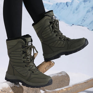 army green Women's fur lining thick platform lace-up mid calf snow boots