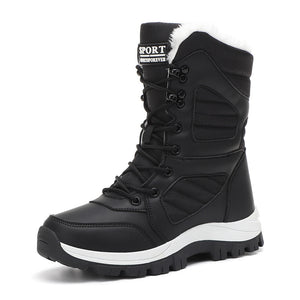 black Women's fur lining thick platform lace-up mid calf snow boots