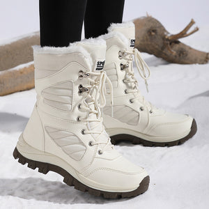 white Women's fur lining thick platform lace-up mid calf snow boots