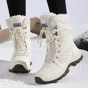 white Women's fur lining thick platform lace-up mid calf snow boots
