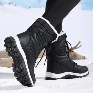 black Women's fur lining thick platform lace-up mid calf snow boots
