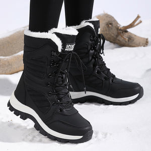black Women's fur lining thick platform lace-up mid calf snow boots