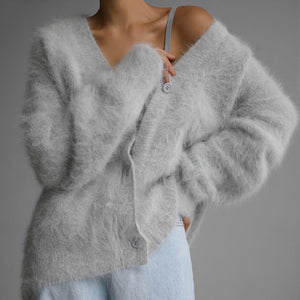 Women's fuzzy knit button down drop shoulder cardigan V neck