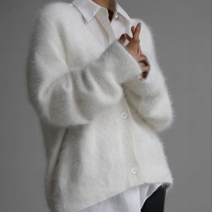 Women's fuzzy knit button down drop shoulder cardigan V neck