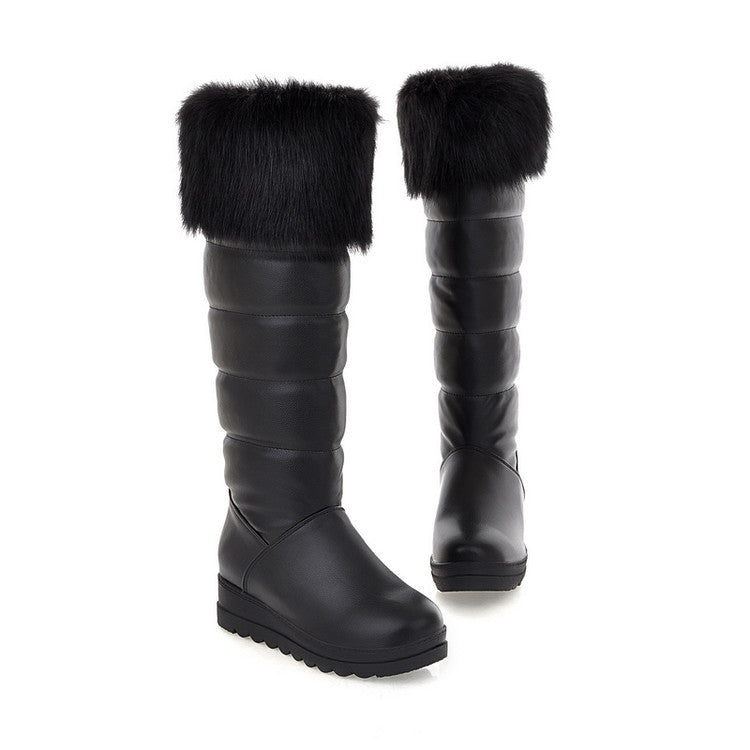 black Women's fuzzy trim knee high thicken fur lining snow boots anti-slip