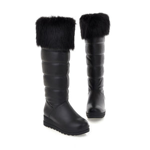 black Women's fuzzy trim knee high thicken fur lining snow boots anti-slip