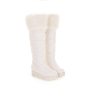 white Women's fuzzy trim knee high thicken fur lining snow boots anti-slip