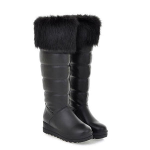 black Women's fuzzy trim knee high thicken fur lining snow boots anti-slip