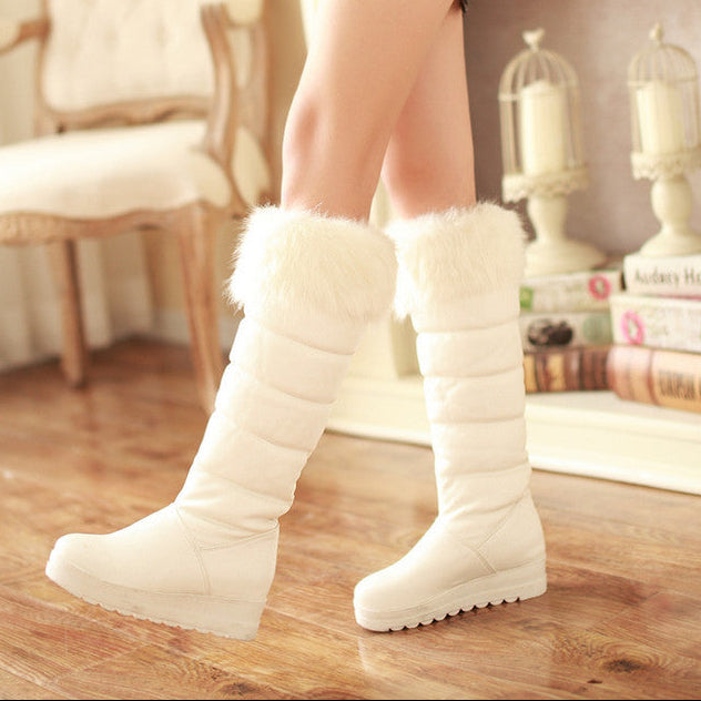 Women's fuzzy trim knee high thicken fur lining snow boots anti-slip