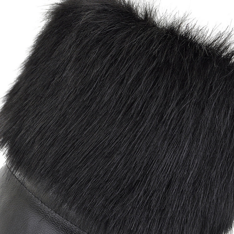 black Women's fuzzy trim knee high thicken fur lining snow boots anti-slip