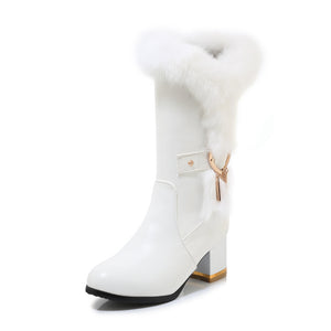 Women's fuzzy trim mid calf snow boots